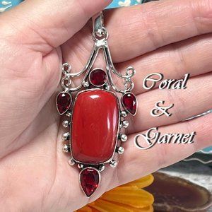 Red Coral Pendant Garnet Handmade Long Gemstone Crystal 925 Silver Bohemian New!